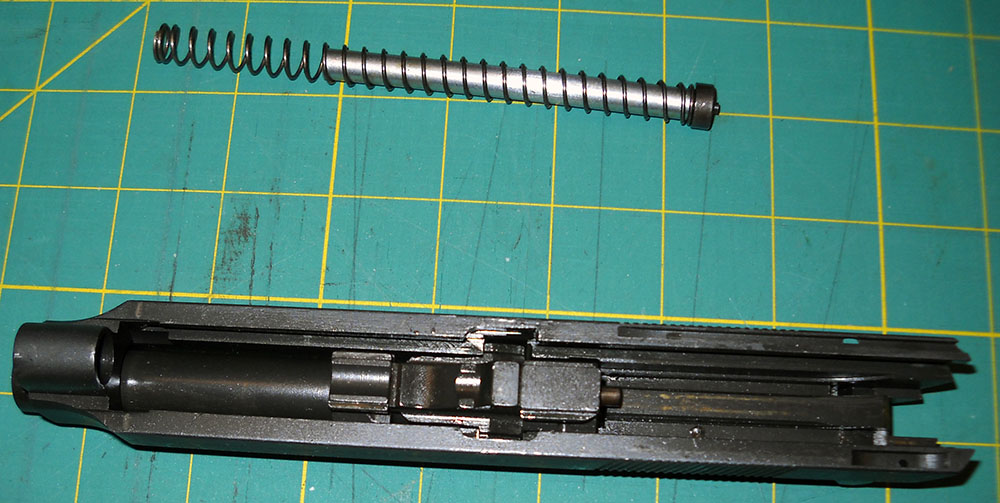 detail, Beretta 92S slide-barrel assembly, with recoil spring and guide rod removed